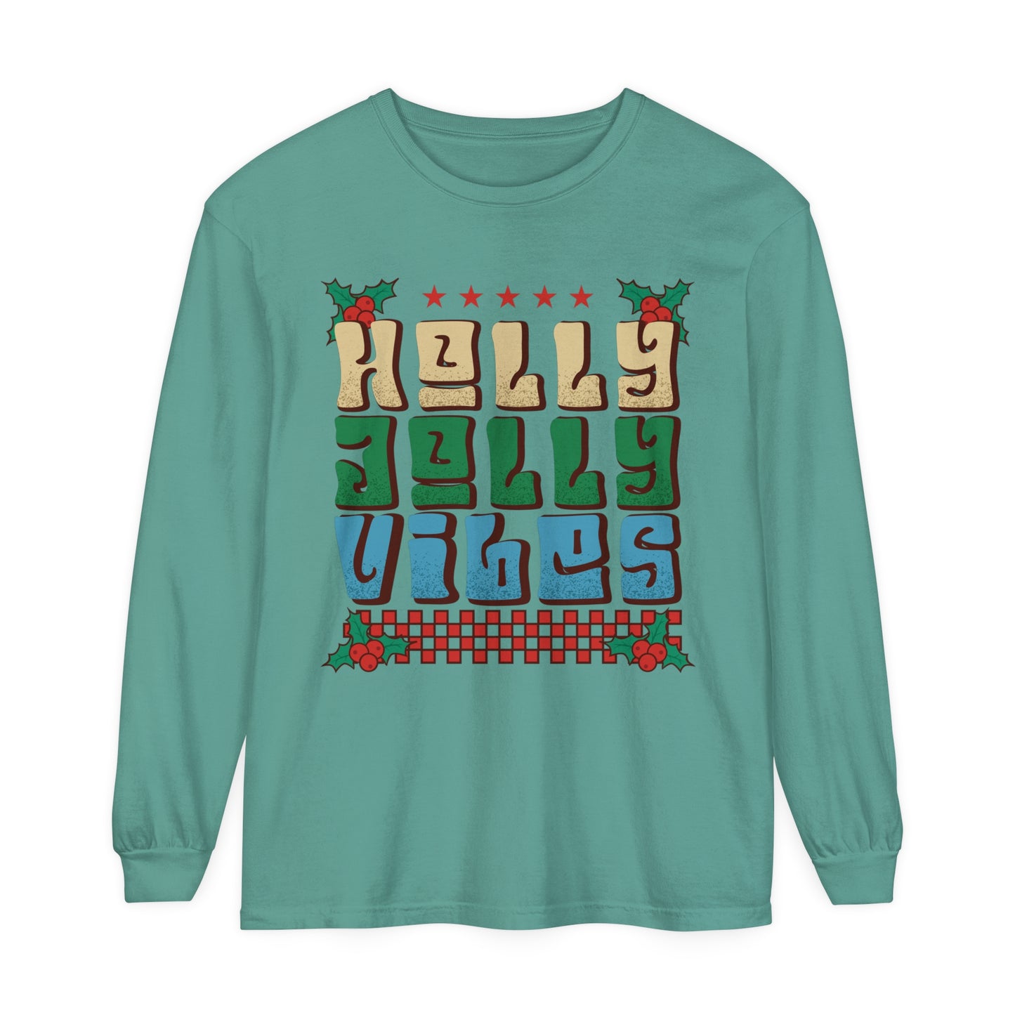 Ugly Christmas Shirt Holly Jolly Vibes Funny  Holiday Adult Unisex Loose Long Sleeve T-Shirt