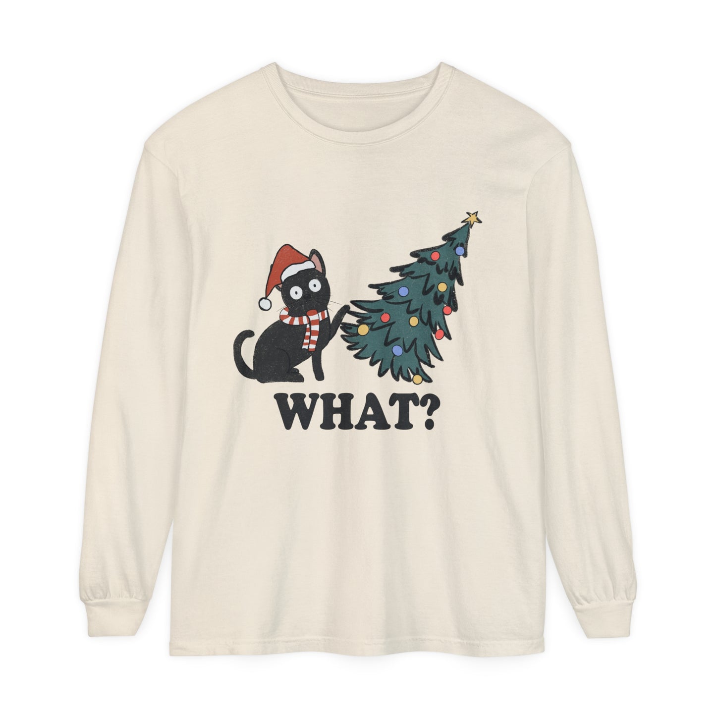 Funny Cat Christmas Tree Adult Unisex Holiday Loose Long Sleeve T-Shirt