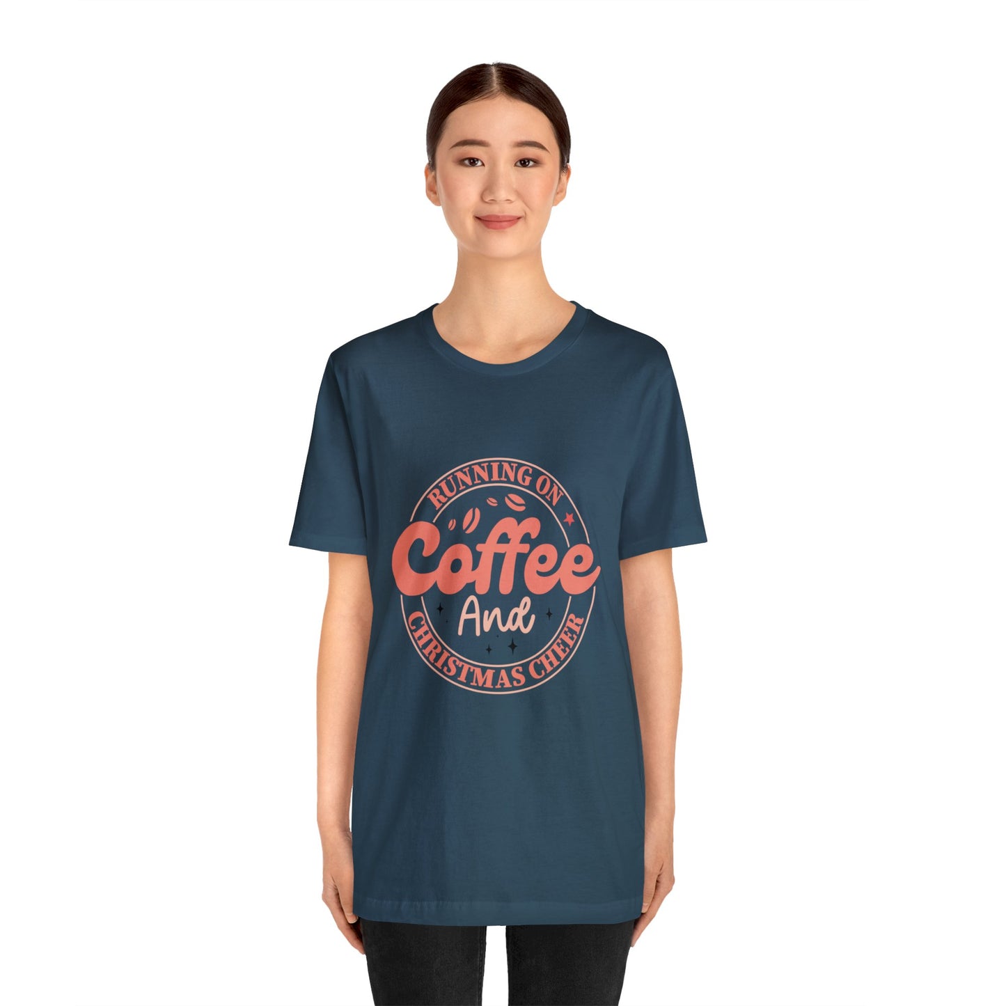 Running on Coffee and Christmas Cheer Women's Funny Christmas Short Sleeve Shirt