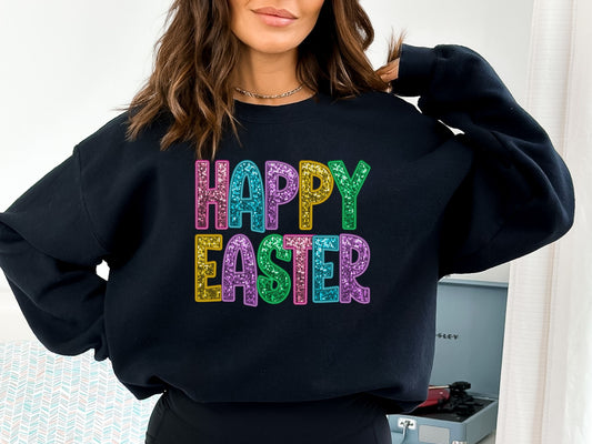 Happy Easter Faux Sequin Print Women's Easter Sweatshirt