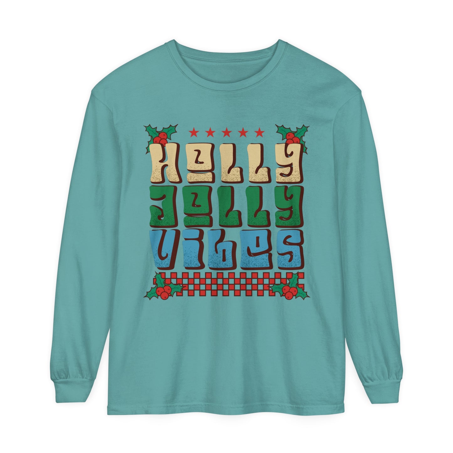 Ugly Christmas Shirt Holly Jolly Vibes Funny  Holiday Adult Unisex Loose Long Sleeve T-Shirt