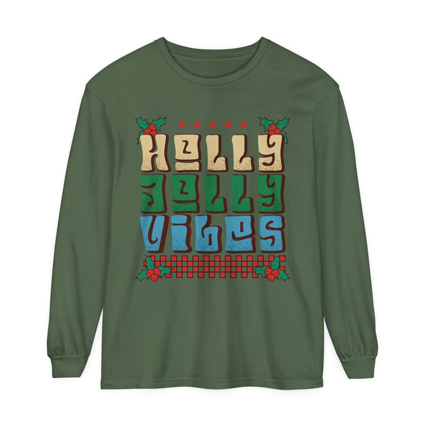 Ugly Christmas Shirt Holly Jolly Vibes Funny  Holiday Adult Unisex Loose Long Sleeve T-Shirt