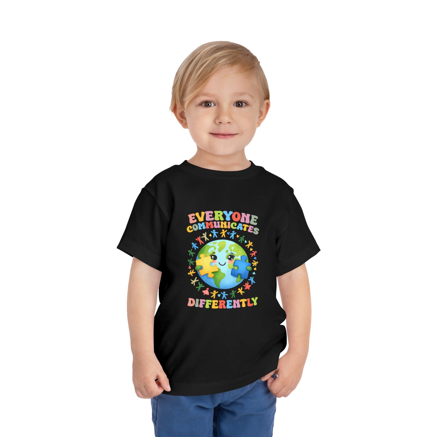 Everyone Communicates Differently Autism Awareness Advocate Toddler Short Sleeve Tee