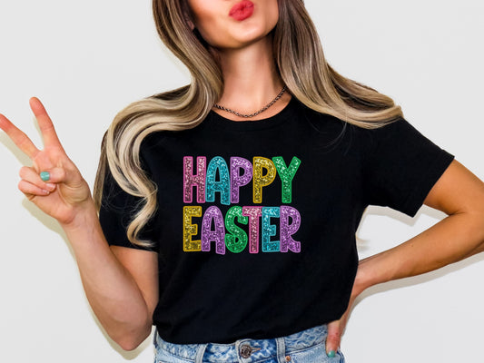 Happy Easter Faux Sequin Print Women's Short Sleeve Tee