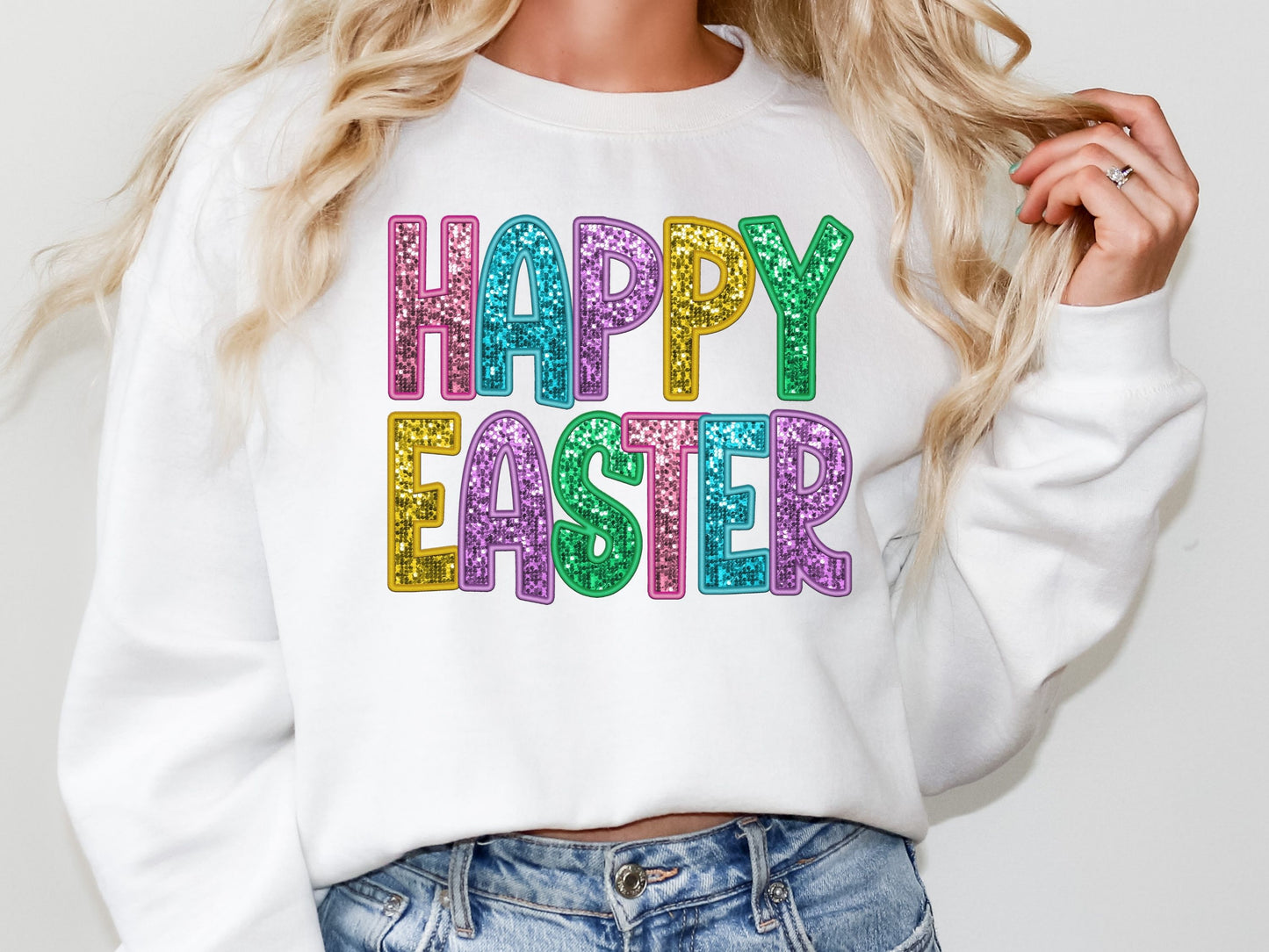 Happy Easter Faux Sequin Print Women's Easter Sweatshirt