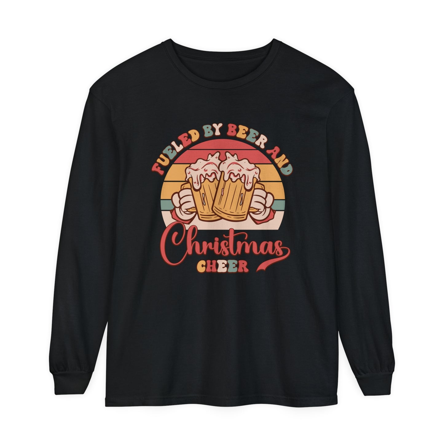 Fueled by beer and Christmas cheer Funny Drinking Holiday Adult Unisex Loose Long Sleeve T-Shirt